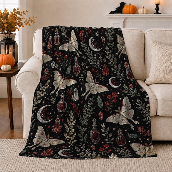 Moths Moons and Beetles on Dark Florals, Gothic Botanical Style for Nature Lovers, Night Garden Pattern and Halloween Gift, Warm Flannel Blanket for Bedroom and Study Room, Home Decor