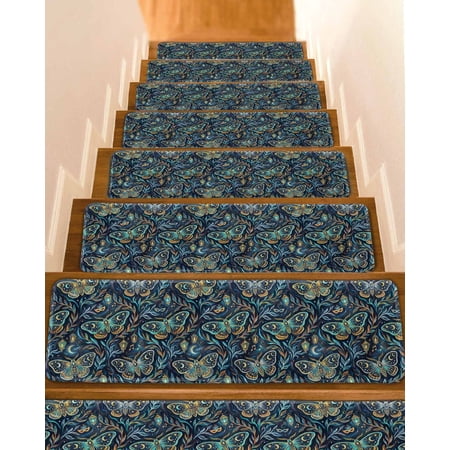 Moths Stair Treads Abstract Retro Blue Green Moon Moth Stars Light Leaf Blue Indoor Non Slip Peel and Stick Stair Treads for Wooden Steps 10 PCS, Soft Adhesive Staircase Mats Runner Rugs 8"x30"