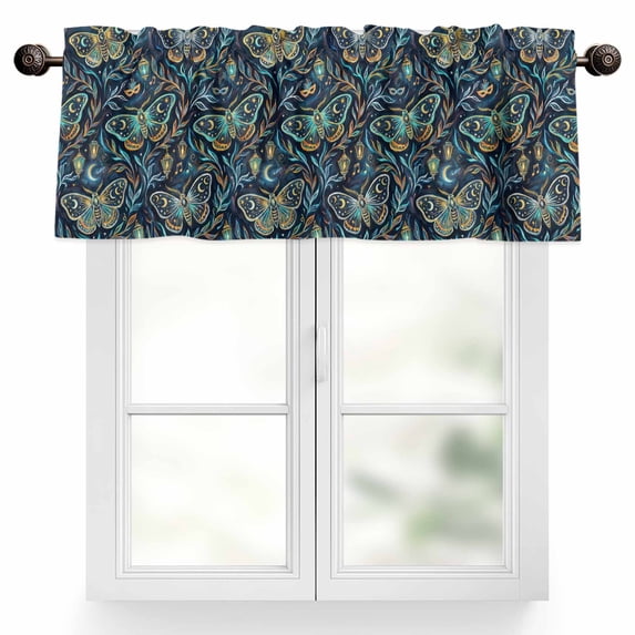 Moths Valances for Windows Abstract Retro Blue Green Moon Moth Stars Light Leaf Blue Valance Curtains Rod Pocket Bathroom Small Window Treatments for Kitchen Living Room Bedroom, 54"x18"