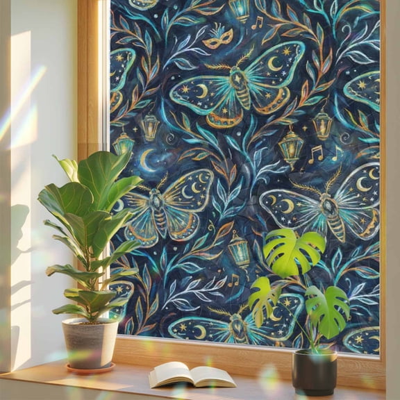 Moths Window Privacy Film, Abstract Retro Blue Green Moon Moth Stars Light Leaf Blue Stained Glass Rainbow Film Decorative Window Clings, Static Cling Sun Blocking Stickers 17.7" x 39.3"