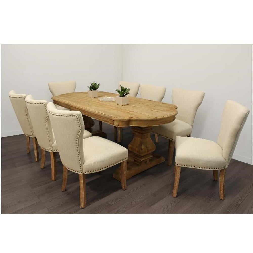 Moti 9-Piece Dining Set - 84" Table & 8 Ivory Linen Chairs in Natural ...