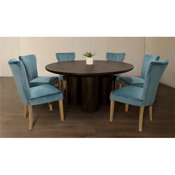 Sullivan 63" Dining Table Set with 3 Sets of Chloe Chairs in Teal Velvet Fabric