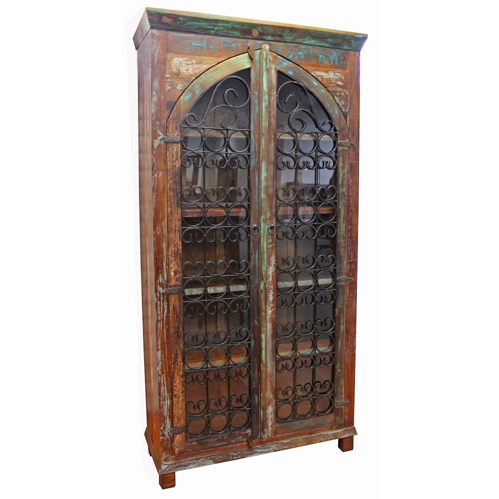 Moti Trinidad 42" Tall Coastal Solid Wood and Iron Jali Cabinet in Brown
