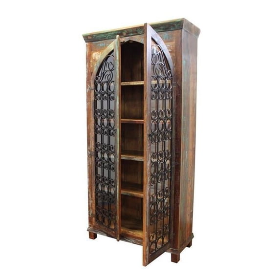 Moti Trinidad 42" Tall Coastal Solid Wood and Iron Jali Cabinet in Brown
