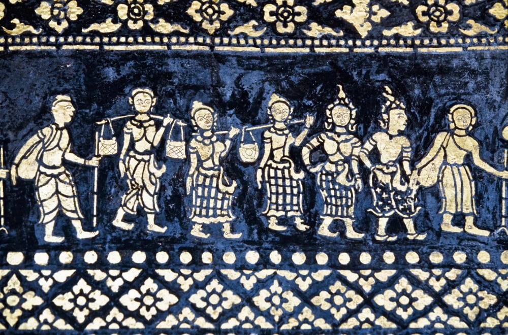 Motif On Side Of Wat Xieng Thong Canvas Art - Jim Holmes Design Pics (19 x 12)
