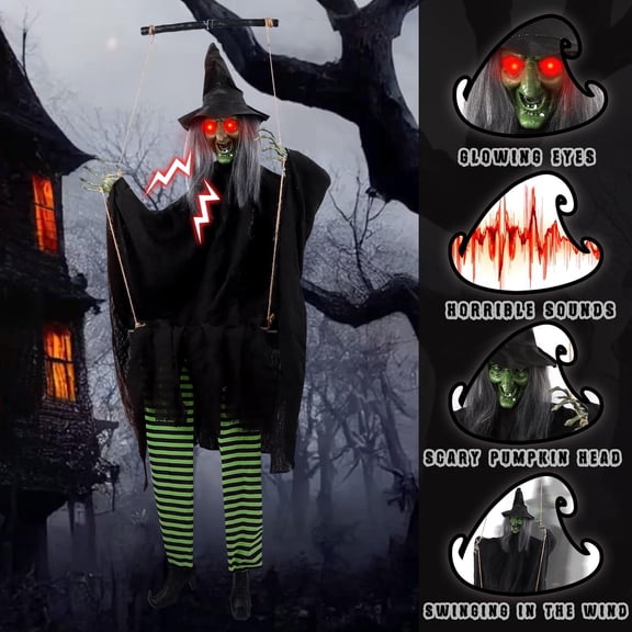 Halloween Animated Swinging Witch Prop,Hanging Ghost with LED Glowing Red Eyes, Motion Activated Battery Operated,Decor for Tree,Doorway,Yard,Porch
