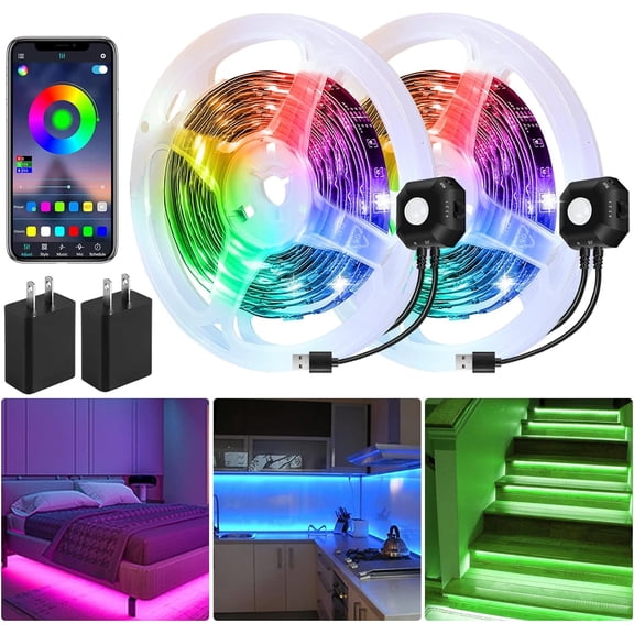Motion Activated Under Bed Light Strips, 2x9.8ft RGB Motion Sensor LED Light Strip with App Control, USB 5V Dimmable LED Night Light with 4 Timing Off Modes for Bed Wardrobe Cabinet Staircase Decor