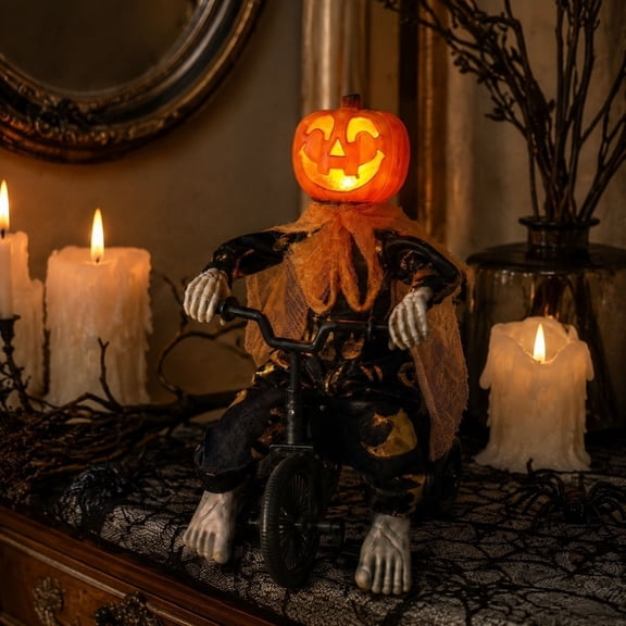 Motion Activated Halloween Pumpkin Head Animatronic, Light Up Sound Ghost Doll Scary Prop, Luminous Riding Decor for Home Party Bar Yard, Horror Scene Display Ornament