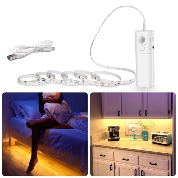 Motion-activated WOBANE LED Strip Light: rechargeable magnetic battery box, 6.56ft strip w/60 LEDs. Ideal 2700K warm white for wardrobe, stair, pantry, counter, under cabinet, bed, door.