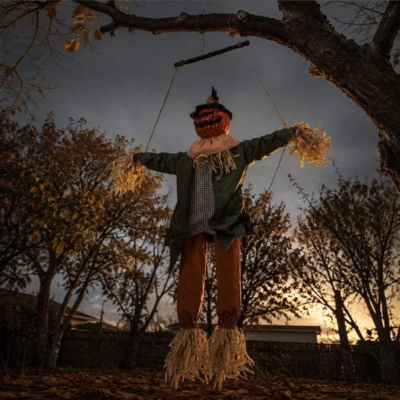 Motion Activated Swinging Pumpkin Scarecrow, Light Up Halloween Hanging Decor, Animated Prop, Talking Jack-o'-Lantern with Sound, Spooky House Effect​