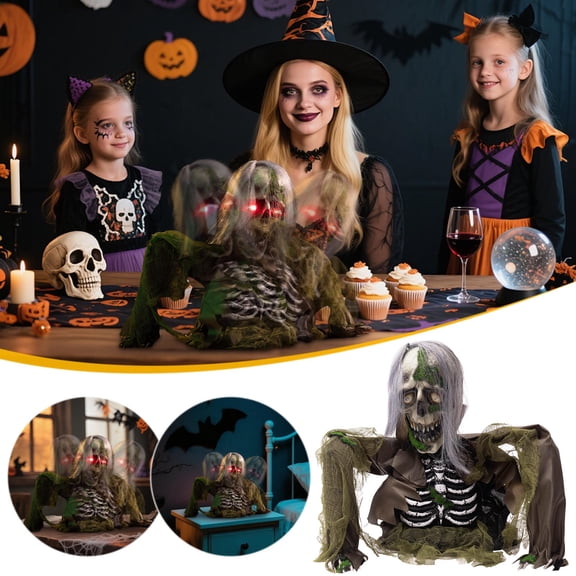 Motion-Activated Zombie Figurine with Glowing Eyes and Moving Head for Halloween - White-Haired Half-Body Prop for Indoor and Outdoor Scares