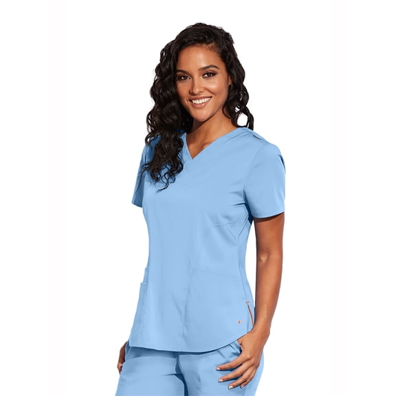 Motion By Barco MOT001 Women's Three Pocket V-Neck Rib Knit Inset Scrub Top Ciel Blue XS
