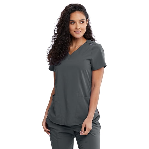 Motion By Barco MOT001 Women's Three Pocket V-Neck Rib Knit Inset Scrub Top Pewter 3XL