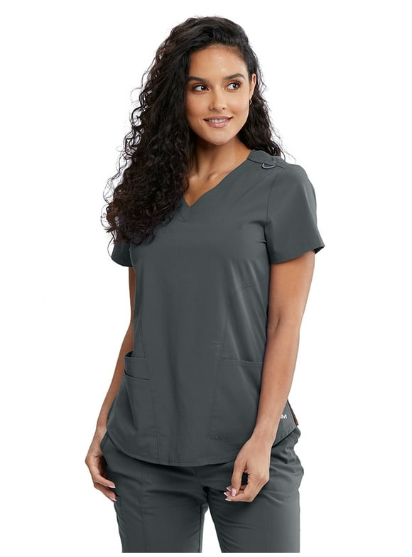 Motion By Barco MOT001 Women's Three Pocket V-Neck Rib Knit Inset Scrub Top Pewter M