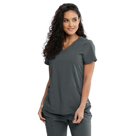 Motion By Barco MOT001 Women's Three Pocket V-Neck Rib Knit Inset Scrub Top Pewter XL