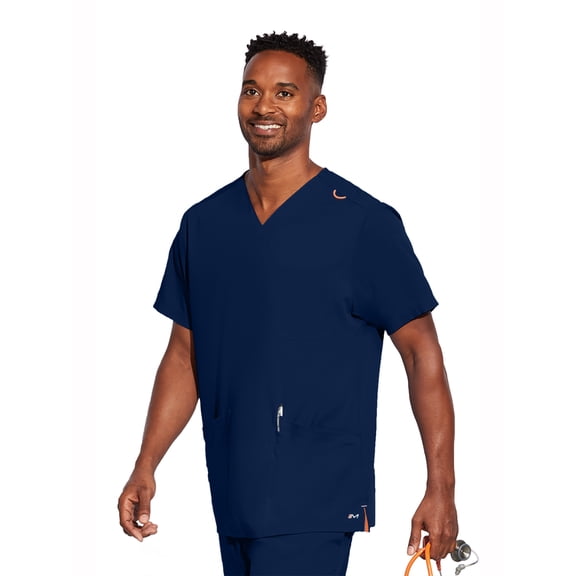 Motion By Barco MOT019 Men's Four Pocket Lapover V-Neck Scrub Top Navy M