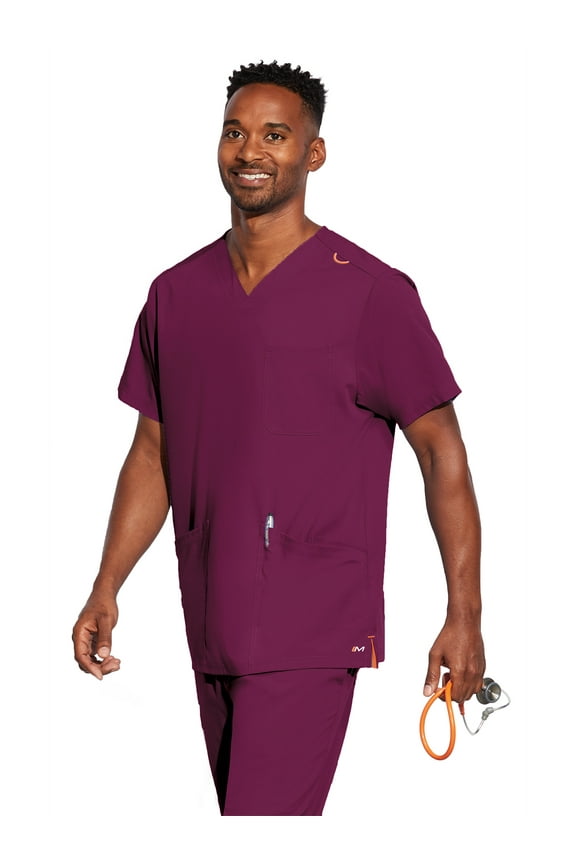 Motion By Barco MOT019 Men's Jake Five Pocket Lapover V-Neck Scrub Top Wine S