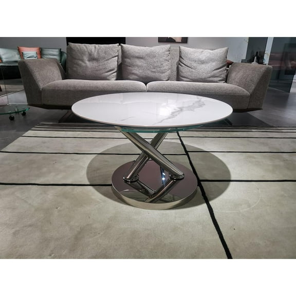 Motion Coffee Table with One White/Gray Ceramic Top and One Clear Glass Top