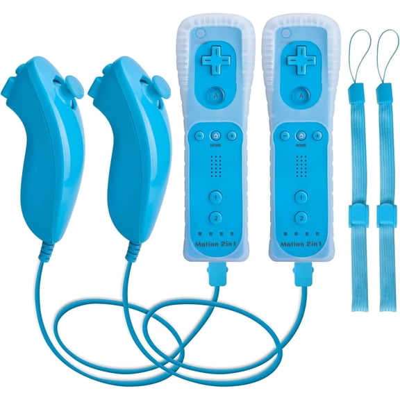 Motion Plus Wii Controllers 2Packs with Nunchucks, Wii Remote Controllers Compatible for wii and Wii U with Built in Motion Plus-Light Blue