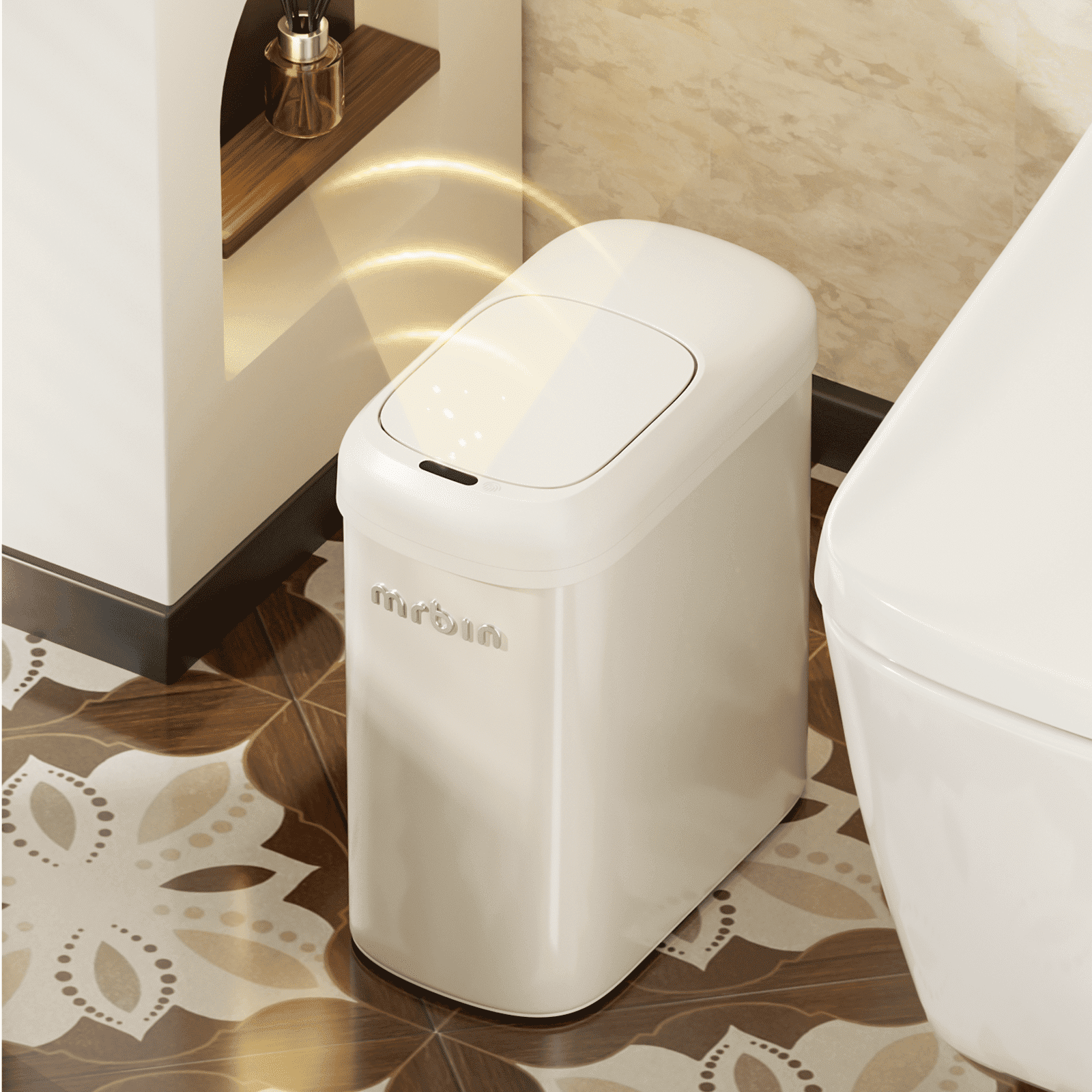 Motion Sensor Adsorption Bag Bathroom Metal Trash Can with Lid and Wheels, 10L/2.6gal Automatic Removable Slim Electric Narrow Waste Basket for Near Desk Office, Bedroom, Kitchen, Rv, White