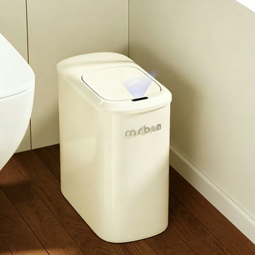 Mrbin Motion Sensor Bathroom Metal Trash Can with Lid and Wheels, 10L/2.6gal Automatic Removable Slim Electric Narrow Waste Basket for Near Desk Office, Bedroom, Kitchen, Rv, White