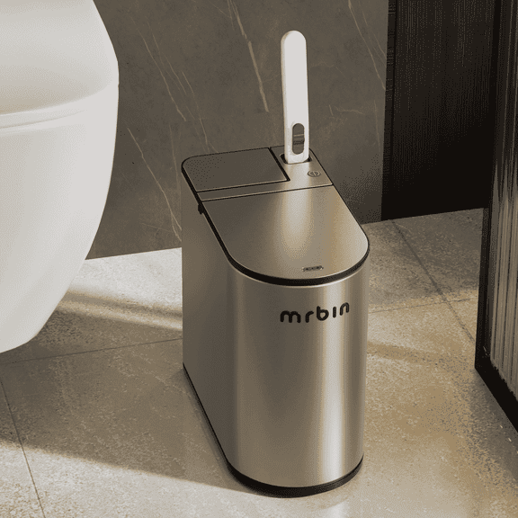 Motion Sensor Bathroom Trash Can and Disposable Toilet Brush Holder Set, 1.8 Gallon Slim Stainless Steel Small Garbage Pail, Toilet Smart Waste Basket with Lid and Odor Filter, Eclipse Grey