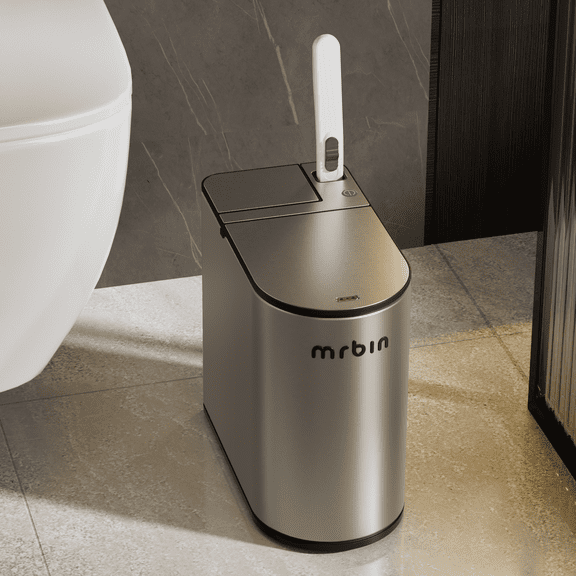 Motion Sensor Bathroom Trash Can and Disposable Toilet Brush Holder Set, 1.8 Gallon Slim Stainless Steel Small Garbage Pail, Toilet Smart Waste Basket with Lid and Odor Filter, Eclipse Grey