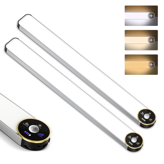 Motion Sensor Under Cabinet Lighting, 3-Color Dimmable, 84 LED 15 Inch Wireless Closet Lighting, Rechargeable 3200mAh Battery, Digital Display, Perfect for Kitchen & Indoor Use (2-Pack)