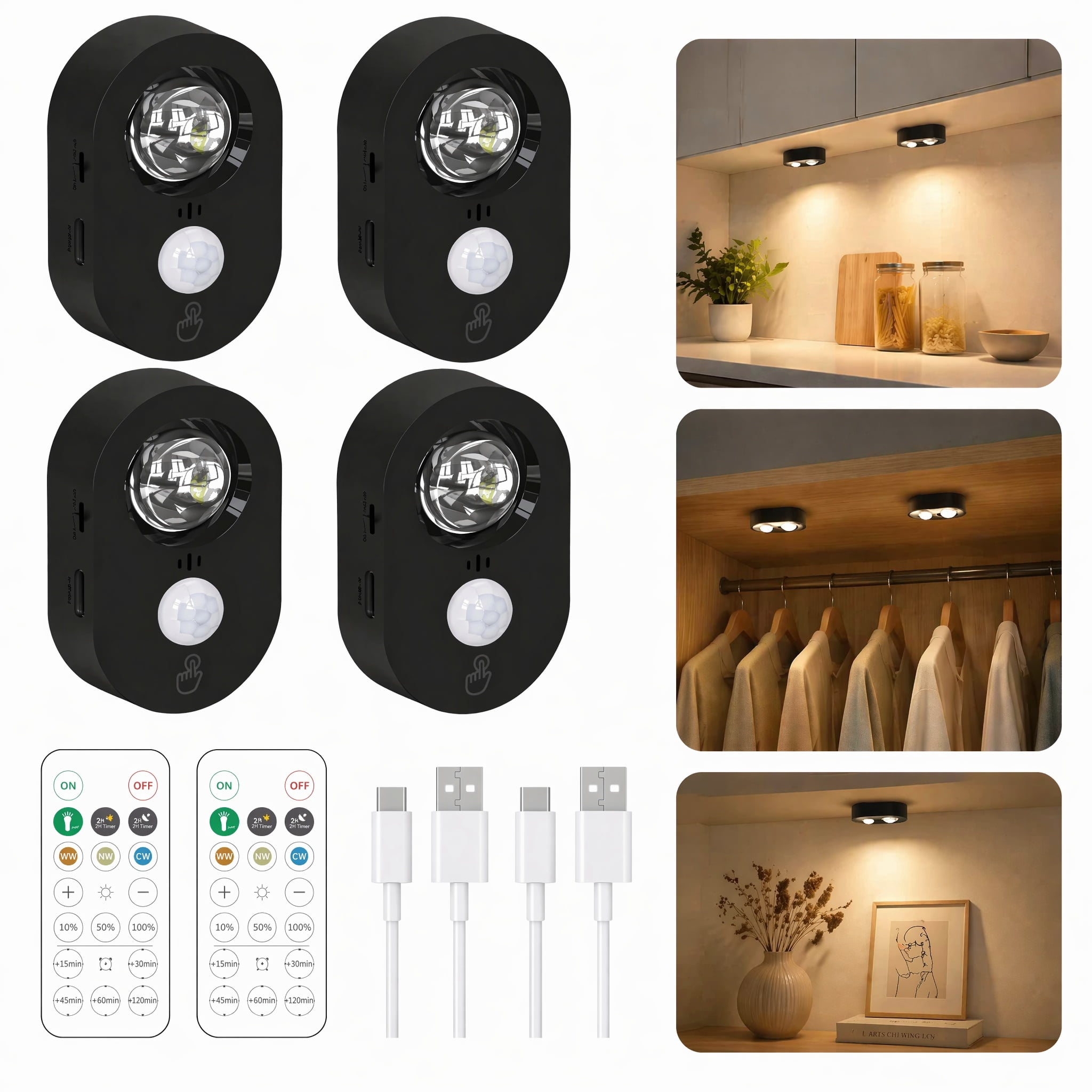 Motion Sensor Under Cabinet Lights, 3 Color Temperature Dimmable LED Closet Lights with Magnetic Mount, Rechargeable Wireless Spotlight for Kitchen, Pantry（4 packs）