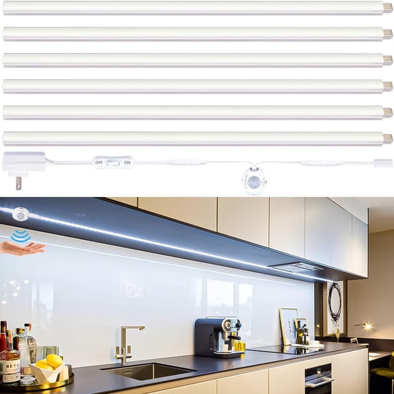 Motion Sensor Under Cabinet Lights, Plug in, Seamlessly Linkable, 6 Pcs 12 Inch Under Counter Lighting Bars for Kitchen, Closet, Gun Safe, Shelf, Display Case, LED 5000k Daylight