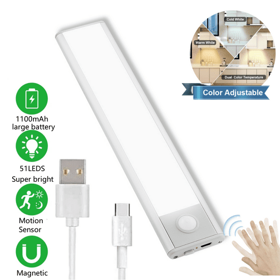 Motion Sensor Under Cabinet Lights,Rechargeable Battery Operated Lights, Wireless Closet Lights(6000K), 51-LED Under Counter Lights for Kitchen, Wardrobe, Bedroom (1Pack)
