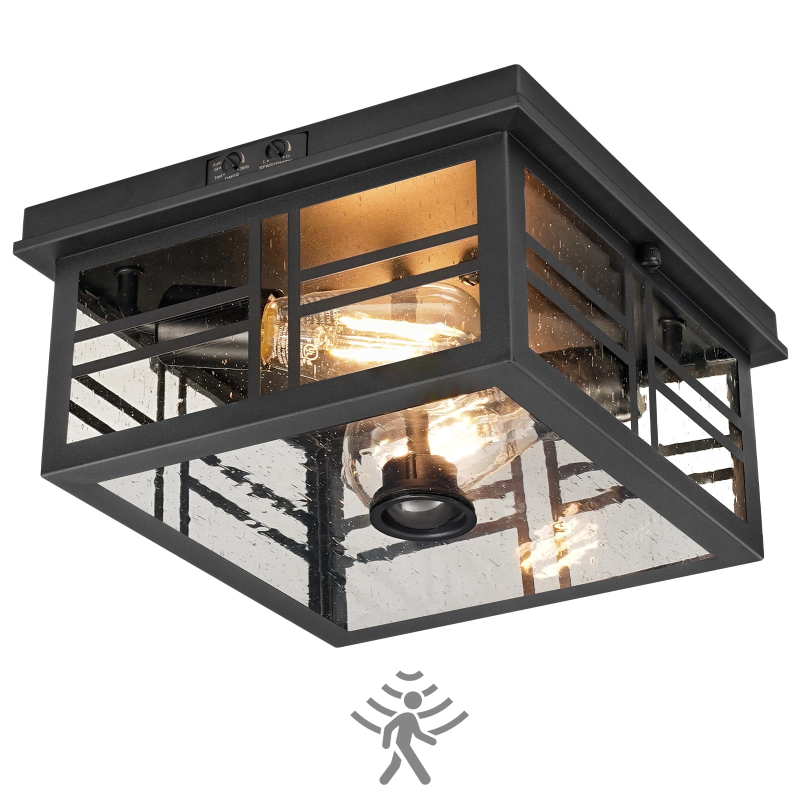 Motion Sensor Ceiling Light - 2-Light Flush Mount Fixture with Infrared Technology, Black Bubble Glass, 3 Modes for Porch, Garage, Hallway, Patio