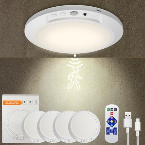 Motion Sensor Ceiling Light Battery Operated with Remote, 4 Pack Wireless Rechargeable Ceiling Lights Indoor, 3CCT Dimmable Closet Night Light for Shower Stairs Shed Hallway Porch RV and Tent