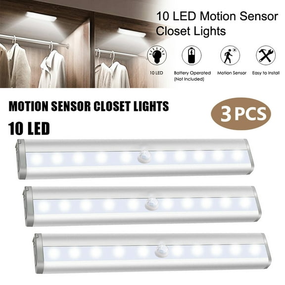 Motion Sensor Closet Lights, 10 Led Battery Powered Lights Led Under Cabinet Lighting Wireless Under Counter Light, Stick On Lights Motion Night Light Bar for Stairs Hallway Kitchen, White 3 Pack