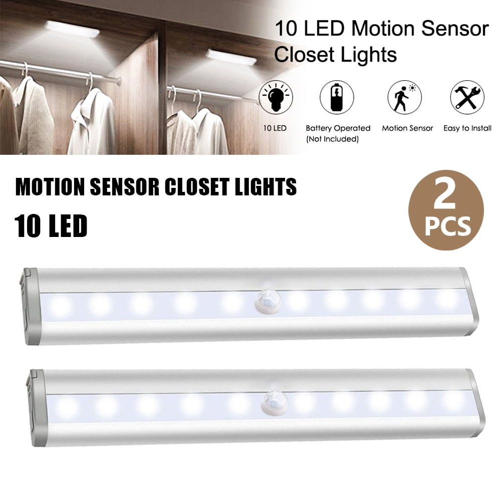 Motion Sensor Closet Lights, 10 Led Battery Powered Lights Led Under Cabinet Lighting Wireless Under Counter Light, Stick On Lights Motion Night Light Bar for Stairs Hallway Kitchen, White 2 Pack