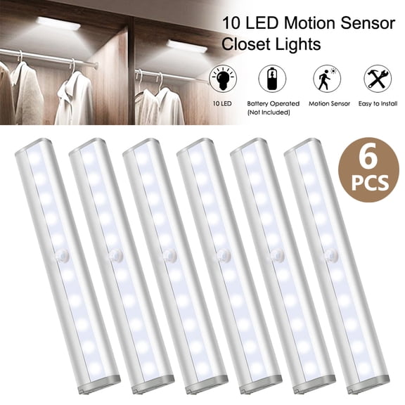 Motion Sensor Light Indoor, 10 LED Motion Sensor Closet Lights Battery Operated Magnetic Under Cabinet Lights Strip Wireless Stick Up Night Lights Bar for Closet Kitchen Hallway Stair (6 Pack)