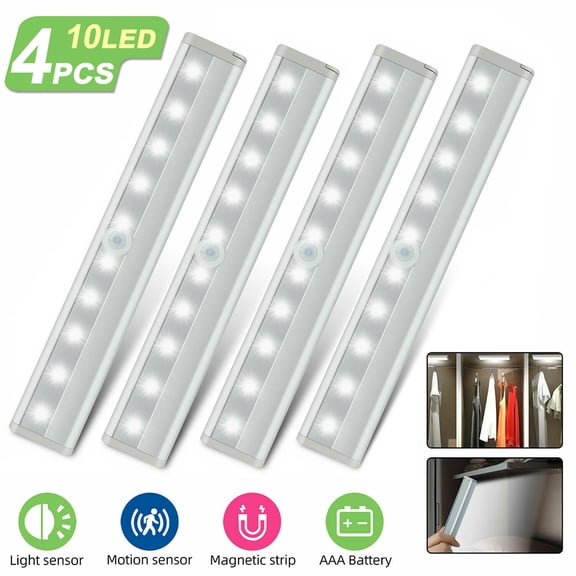 Motion Sensor Closet Lights, Cordless Under Cabinet Lighting, Wireless Stick-on Anywhere Battery Operated 10 LED Motion Sensor Night Light, Safe Lights for Cabinet Wardrobe Stairs (4 Pack)