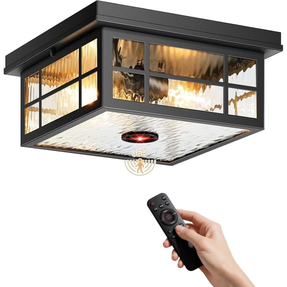 Motion Sensor Exterior Ceiling Lighting Fixtures for Porch with Remote, 11'' Square Black Modern Outdoor Flush Mount Ceiling Light for House, 5 Modes Adjustable Distance Time Water  Glass