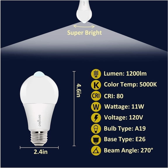 Motion Sensor LED Bulbs, A19 5000K Daylight Dusk to Dawn Motion Activated Light, 11W (75W Equivalent) 1200 Lumens for Indoor & Outdoor Use, Porch, Garage, Hallway, 2 Pack