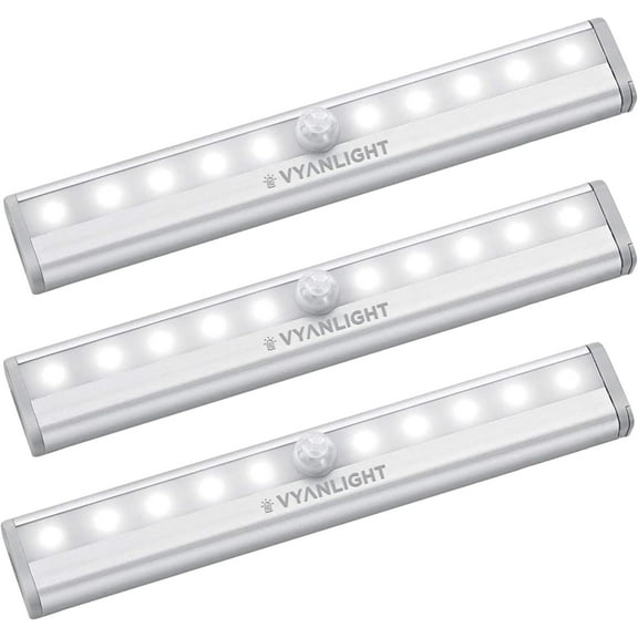 Motion Sensor LED Under Cabinet Lights, 10 LED Light Strips for Closet, Kitchen, Bathroom, Pantry - Battery Operated, Wireless, Peel and Stick, 3 Pack