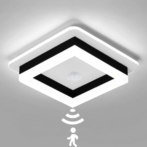 Motion Sensor LED Ceiling Light Indoor, 24W Black Mount Motion Activated 7.87inch Flush Mount Lighting Fixture for Closet Laundry Bathroom Hallway Stair Porch Basement, Cool White