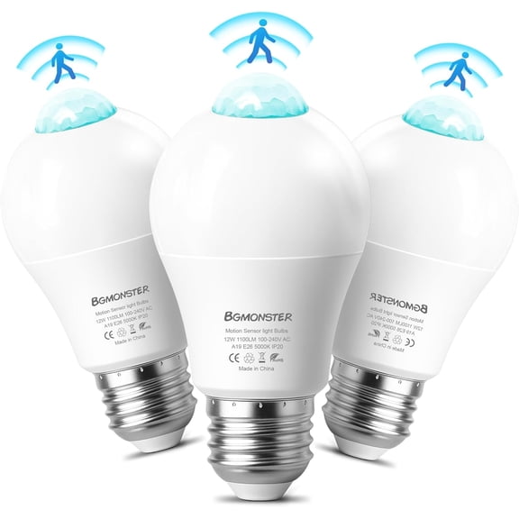 Motion Sensor LED Light Bulb 12W 5000K Daylight Auto On/Off for Garage Porch Hallway