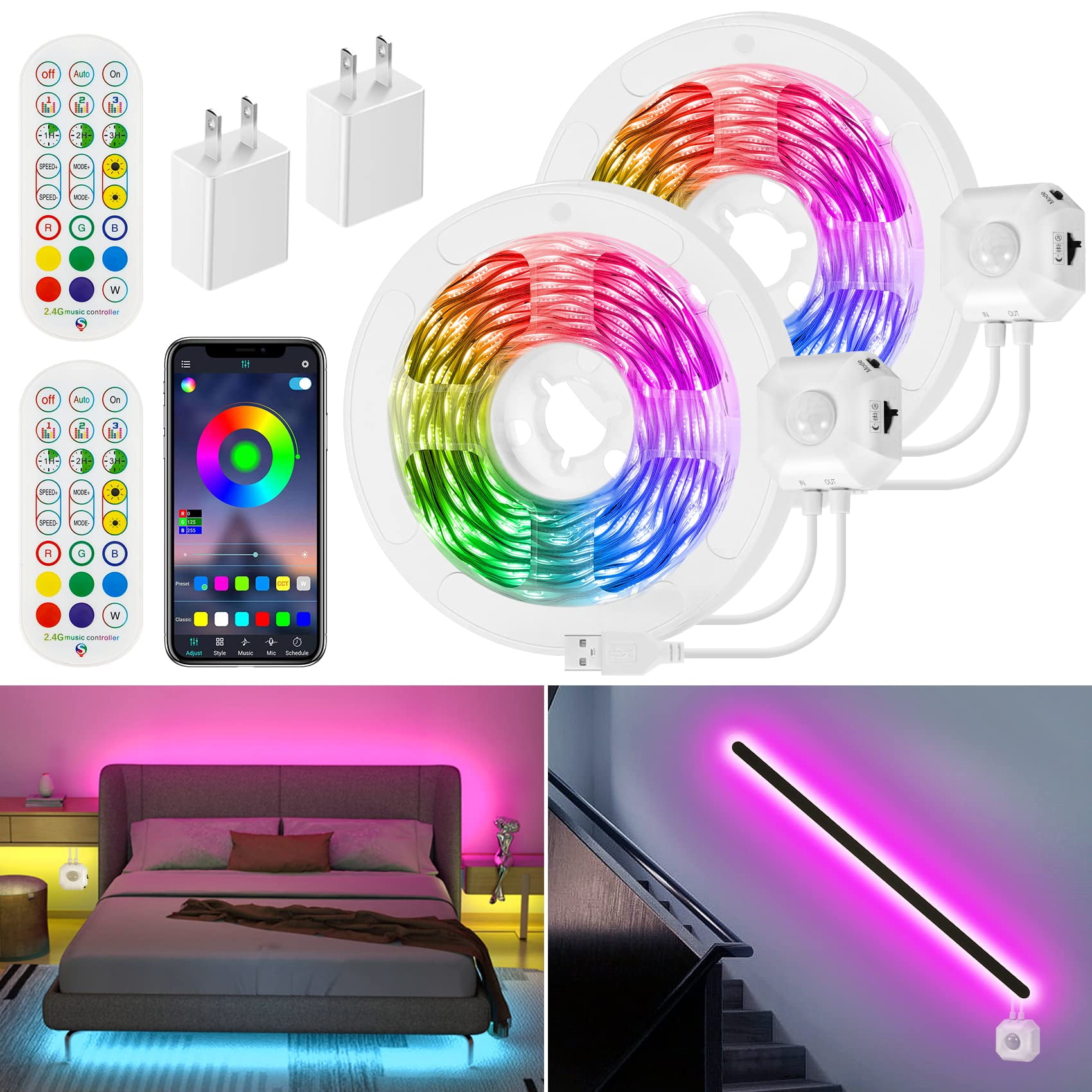 Motion Sensor LED Light Strip 2x9.8Ft RGB Strip Lights with Stay On