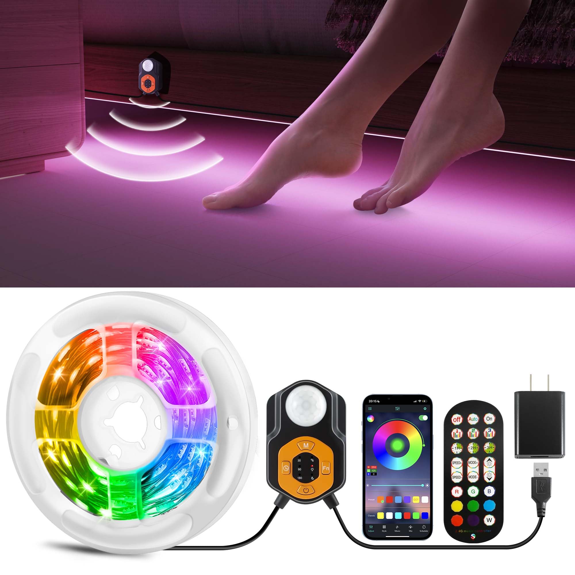 Motion Sensor LED Light Strip 9.84ft Music Sync, Timer Color Changing