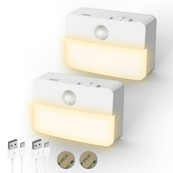 Motion Sensor LED Night Lights, 3000K Soft White, Dimmable 0-100LM, 2-Pack, Rechargeable Night Light