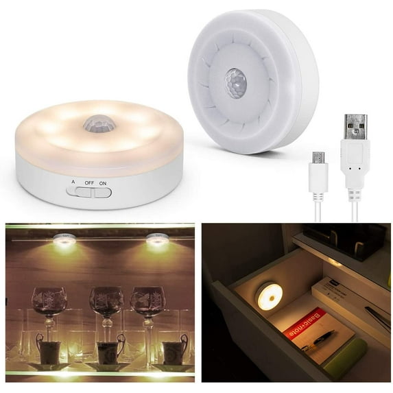Motion Sensor Light 5v USB Powered Led Puck Lights Rechargeable Motion Activated Closet Light Wireless Smart Under Cabinet Lighting Warm White Led Night Light for Bedroom Stair Hallway Decor (2 Packs)