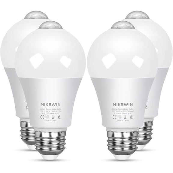 Motion Sensor Light Bulbs Outdoor 4 Packs 13W(100W Equivalent) Security LED Bulb, Indoor E26, A19, 5000K Daylight Dusk to Dawn Bulb for Garage Front Door Porch Stairs Hallway