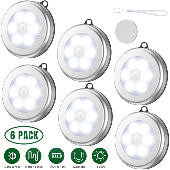 Motion Sensor Light, Cordless Battery-Powered LED Night Light, Stick-Anywhere Closet Light Stair Lights, Wall Lights for Hallway, Bedroom, Kitchen (White - Pack of 6)