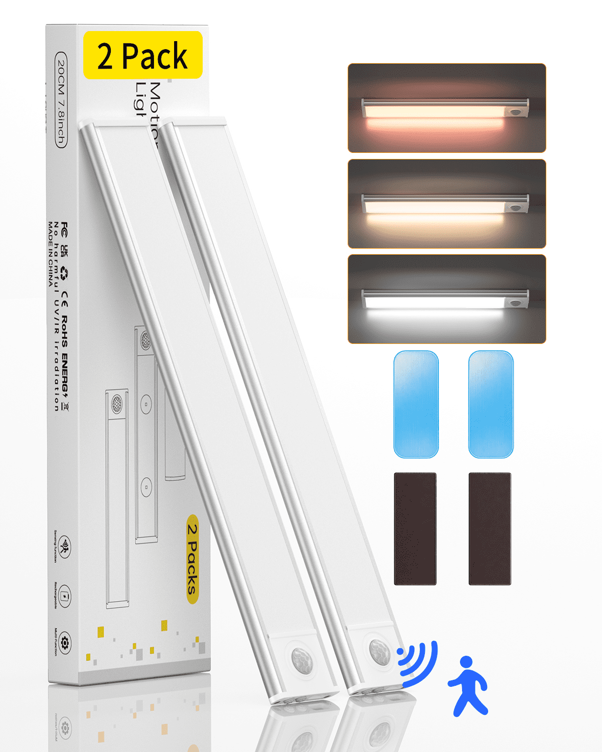 Under Cabinet Lighting, 54 LED Motion Sensor Light Indoor, 3 Color & Stepless Dimmable Closet Lights, Magnetic Under Counter Lights for Kitchen, Stairs, Hallway - 2 Pack
