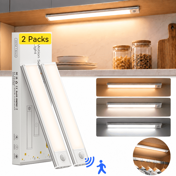 Under Cabinet Lighting, 54 LED Motion Sensor Light Indoor, 3 Color & Stepless Dimmable Closet Lights, Magnetic Under Counter Lights for Kitchen, Stairs, Hallway - 2 Pack